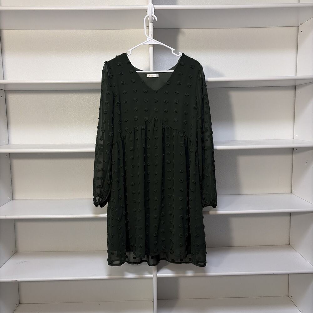 KIRUNDO Sheer Sleeves Short Midi Dress V Neck Flowy Casual Swiss dot XL Sage